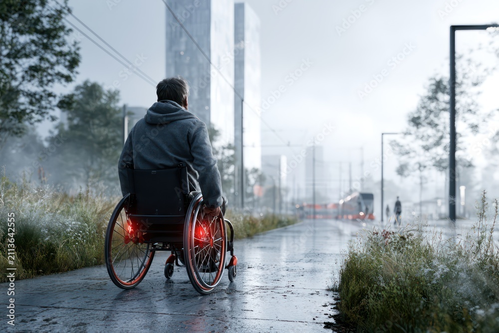 Obraz premium Wheelchair user traveling in modern city