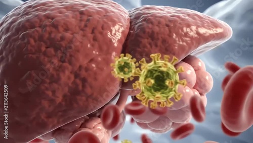 Hepatitis B virus particles drifting toward healthy liver tissue