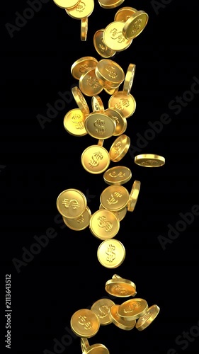 Falling dollar gold coins – 3d render looped with alpha channel.