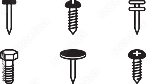 Canvastavla Six types of screws and bolts in black and white vector icons Vector