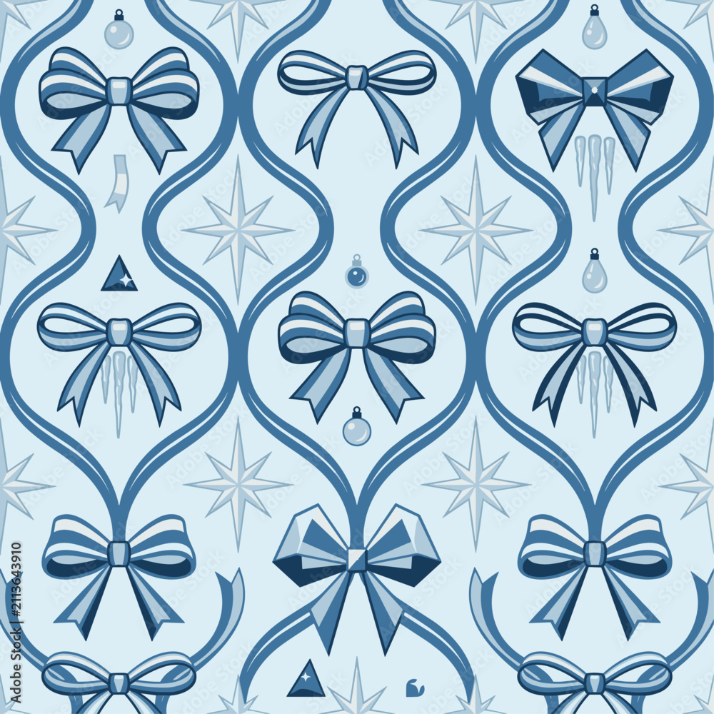 Fototapeta premium Elegant Blue Bows Seamless Pattern Festive Decorative Design Background for Celebrations and Gift Wrapping.