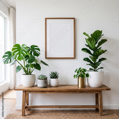 Stylish modern home decor featuring various indoor plants and a wooden console table.