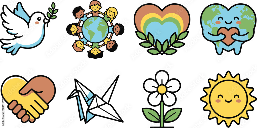 Fototapeta premium Cute hand drawn inclusivity icons set featuring peace symbols and happy characters