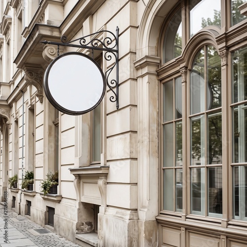 Elegant vintage sign hanging on a beautifully detailed historical building facade in the city.