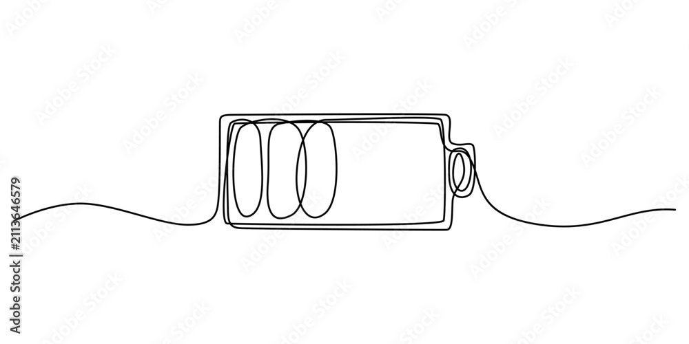 Obraz premium Continuous line drawing of battery icon, minimalist single line art of low power indicator, simple vector illustration for tech UI design