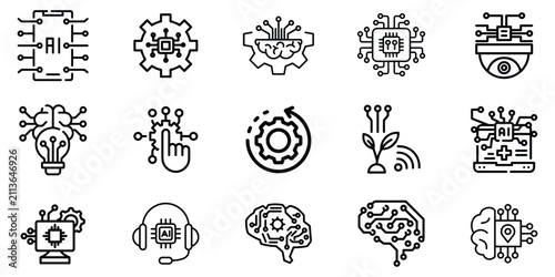 Artificial Intelligence Technology Line Icons Set | AI, Machine Learning, Smart Automation, Robotics & Digital Brain Outline Vector Collection