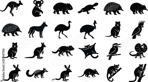 Fotografie Australian Animals Black Silhouette Icon Set Featuring Wild Outback Fauna Symbol