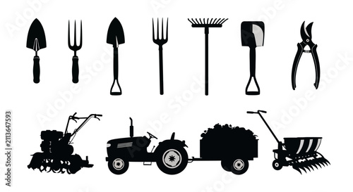 Canvastavla Gardening tools with silhouettes various gardening equipment white background bl