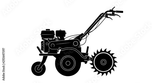 Принти на полотні Black silhouette of a garden tiller on white background with agriculture landsca