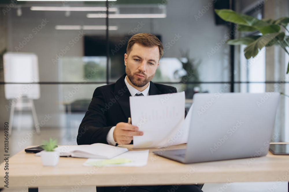 Fototapeta premium Focused businessman analyzing financial documents and data on laptop in modern office, managing business growth
