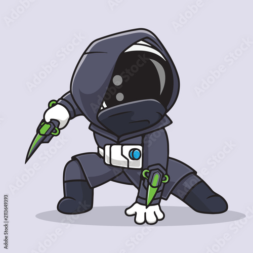 Fotografie Tech ninja in crouch pose ninja, hooded, assassin, character, cartoon, mascot, b