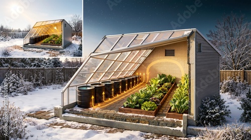 Modern passive solar greenhouse growing organic vegetables in winter with copy space