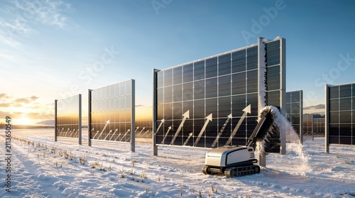 Robotic cleaner removing snow from solar panels in winter with copy space