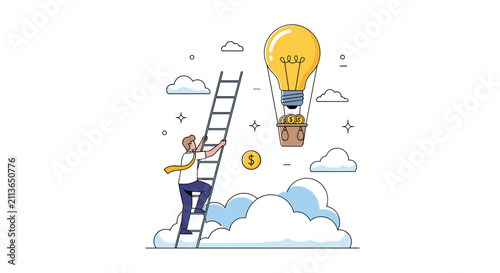 Ambitious businessman climbing a long ladder to reach a hot air balloon made of a giant light bulb and filled with gold coins.