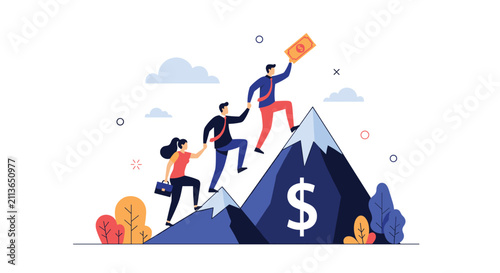 Business team members helping each other climb a steep mountain to reach a dollar bill at the peak representing collective success.
