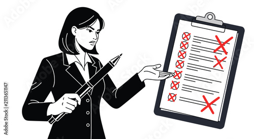 Serious female professional in a dark suit pointing at a clipboard with several items marked with red crosses indicating errors.