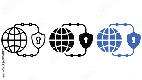 Set of interconnected globe icons featuring security symbols in various colors and styles