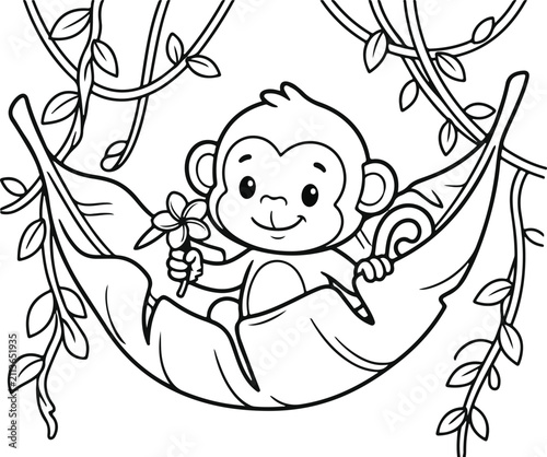 Canvas Print Cartoon monkey relaxing in vines a black and white vector illustration on a whit
