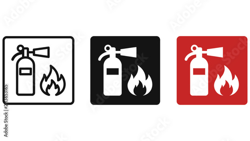 Set of three fire extinguisher icons with flames in different color schemes