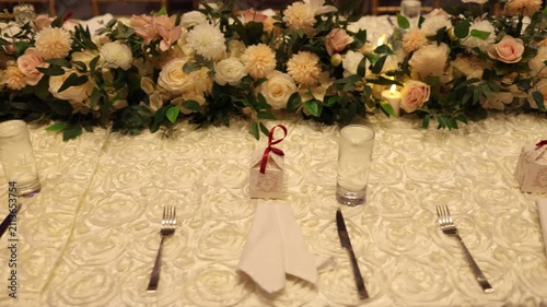 Served tables with decorations on a wedding