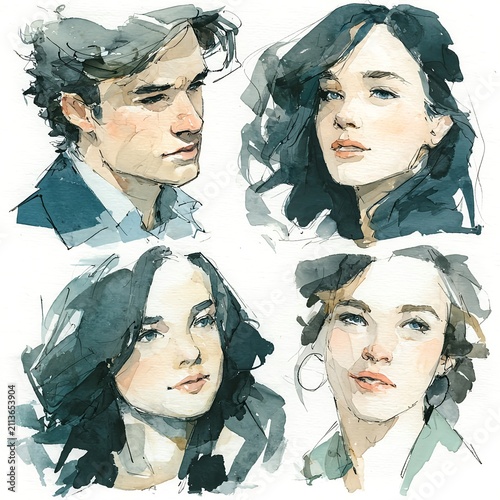 Expressive Watercolor Portrait Collection with Four Faces