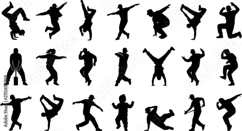 Bild auf Leinwand Set of hip hop breakdance silhouettes performing various dance moves and tricks