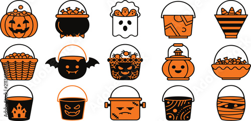 Fotografía Set of colorful trick or treat buckets for halleween celebration featuring pumpk
