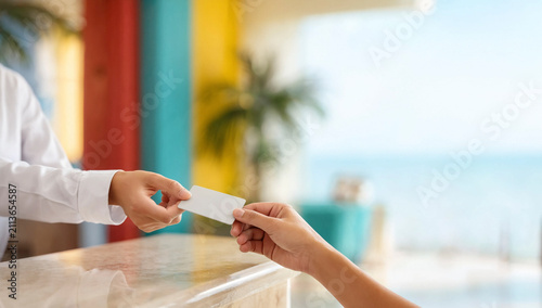Hotel receptionist hands a key card to a guest across a reception counter with a blurred tropical background and sea view. Bright colorful interior suggests vacation or resort check-in.