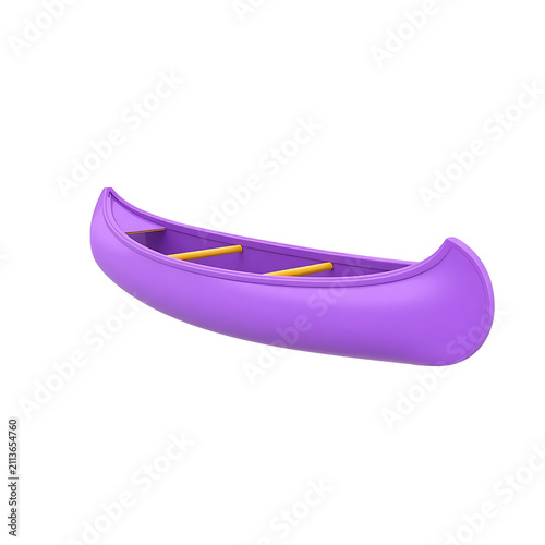 Minimalist purple canoe vessel featuring two yellow wooden thwart benches isolated against white background with displays stylized purple wooden seats presented