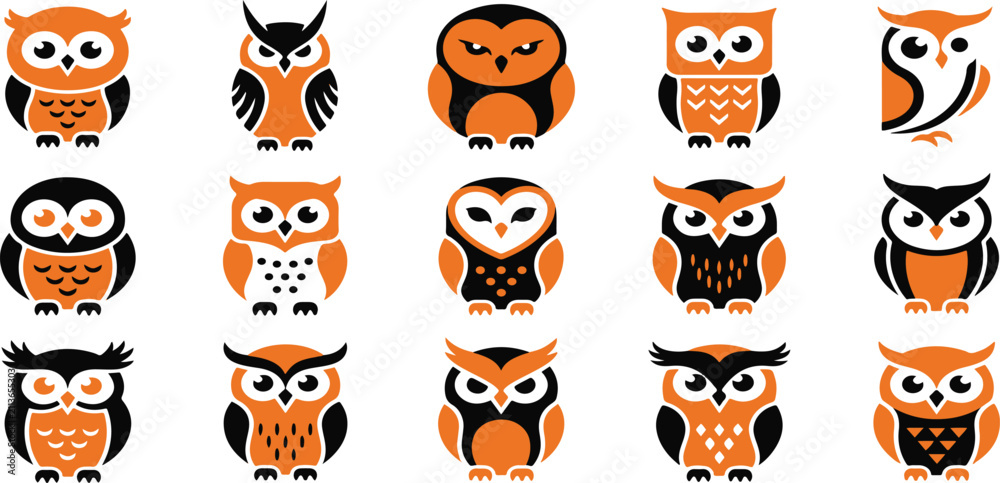 Fototapeta premium Set of cute cartoon owls in orange and black colors for a fun and festive halleween party design collection