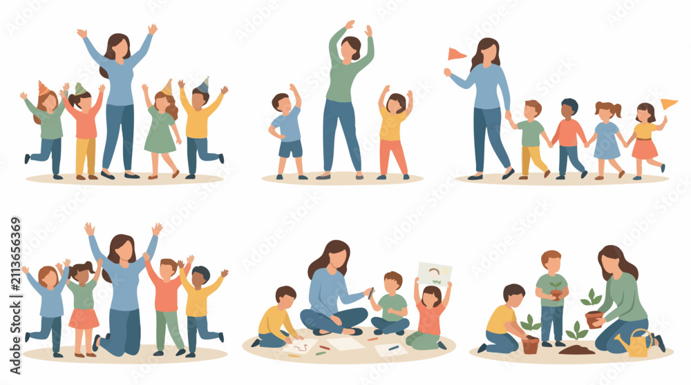 Fototapeta premium Kindergarten Teacher and Children Engaged in Diverse Educational and Play Activities
