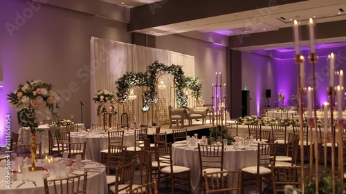Served tables with decorations on a wedding