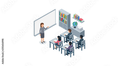 Isometric 3D illustration of teacher and students in a classroom