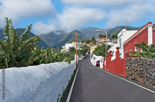 Rural road through Los Balcones village with mountain view, La Palma, Canary Islands