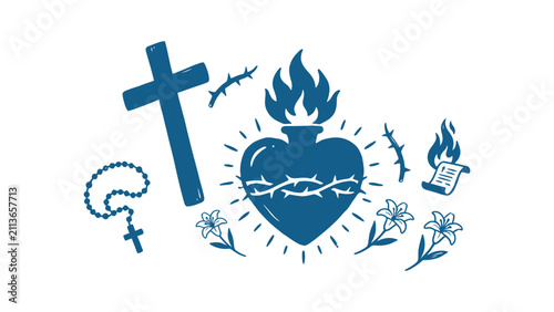 Photography Christian religious symbols vector set featuring sacred heart with flames cross