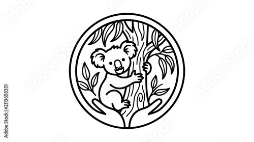 Canvas Print Sleek Black and White Line Drawing of a Koala Eating Leaves from a Tree Branch i