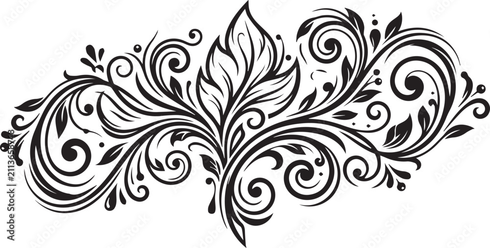 Fototapeta premium Vintage floral leaf ornament header black swirl foliage divider vector illustration