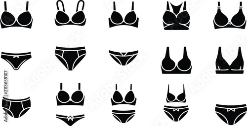 Assortment of black and white bra and panty icons in rows Keywords: bra, bralette, bikini, top, underwear, lingerie, panties