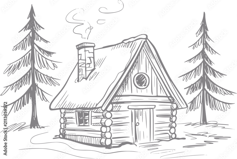 Naklejka premium A charming hand-drawn of a cozy rustic log cabin nestled between two pine trees with smoke in the air
