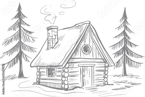 Foto A charming hand-drawn of a cozy rustic log cabin nestled between two pine trees