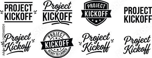 Project Kickoff typography logo design, ready to launch text, bold lettering, decorative stars, event branding concept, business startup flat vector illustration