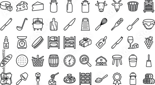 Bild auf Leinwand Artisan Cheese Maker and Dairy Craft Line Icon Set Featuring Gourmet Cheese Whee