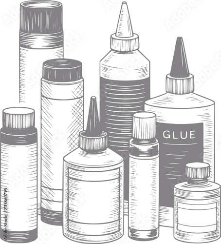 Foto Una colección de varias botellas de pegamento y recipientes de adhesivo ilustrad