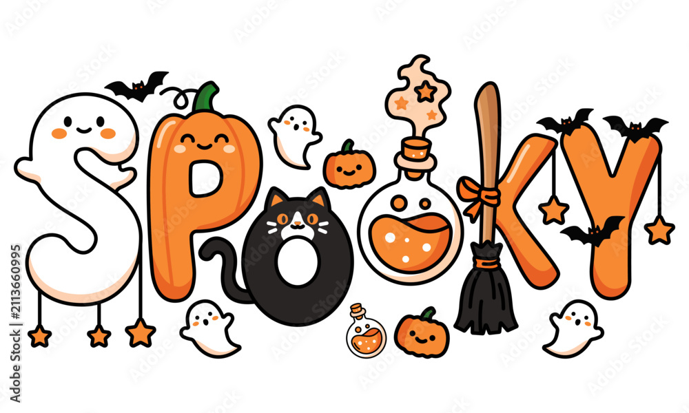 Obraz premium Cute vector illustration of the word Spooky decorated with cartoon ghosts, pumpkins, black cat, potion bottle, broom, and flying bats for Halloween designs.