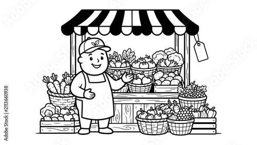 Farmer's Market Stall: A cheerful farmer stands proudly beside a vibrant stall overflowing with fresh produce, showcasing a bounty of fruits and vegetables.