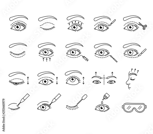 Konstfotografi Blepharoplasty eyelid surgery line art vector icons collection