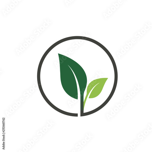 A clean and elegant minimalist design featuring two leaves within a circular border, representing sustainability, growth, and environmental consciousness.