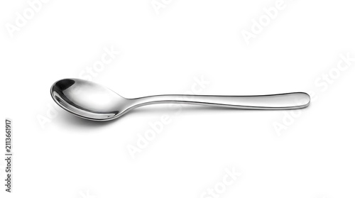Single stainless steel teaspoon isolated on white background.