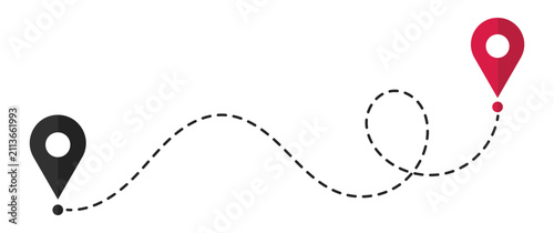 Obraz na płótnie Travel route with location pins, dotted path and map marker vector icon