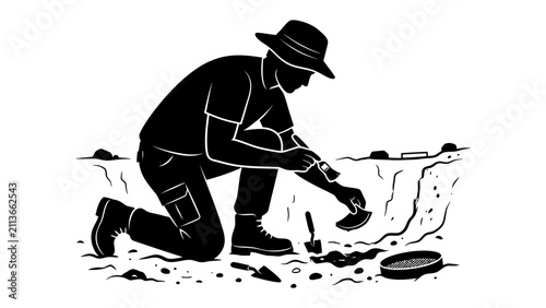 Canvastavla Archaeologist Digging for Discovery: A focused archaeologist, clad in a hat and practical attire, meticulously excavates a site, carefully brushing away soil to uncover potential artifacts
